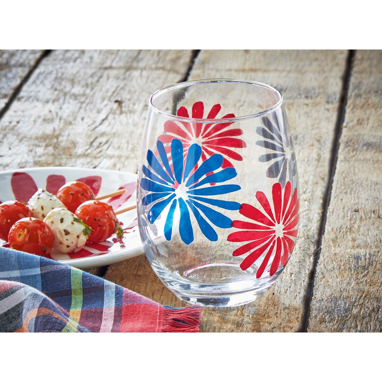 18 oz. Very Groovy Bright Red Blue Flower Glass Stemless Wine Drinkware Dishwasher Safe Beverage Glassware Dinner Party